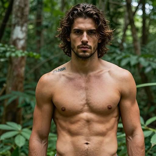 Photograph of a shirtless, muscular, handsome man with wavy brown hair, light skin, and a 