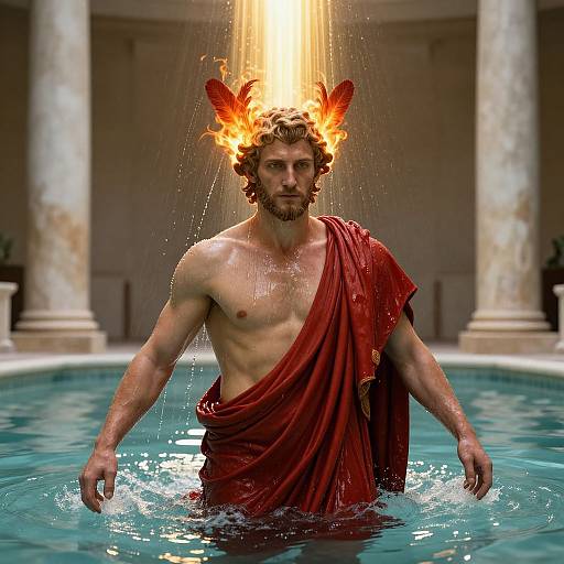 Photorealistic digital artwork: Shirtless, muscular man with fiery crown and red toga emerging from pool, surrounded by marble columns, water splashing