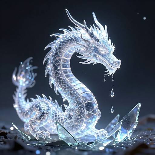 Digital artwork of a glowing, ethereal dragon with a translucent, crystalline texture, dripping water, set against a dark, starry background.