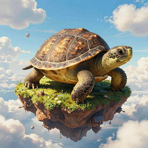 Digital artwork of a large, detailed turtle with brown and yellow shell, standing on a grassy, floating rock island, surrounded by fluffy white clouds and