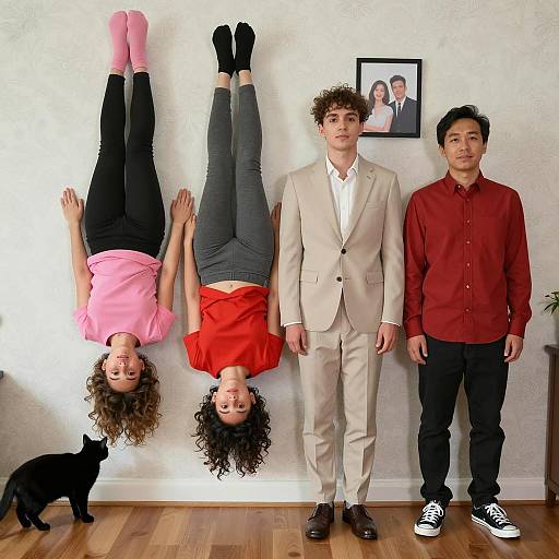 Four People with Two Upside Down Women and One Black Cat Indoors