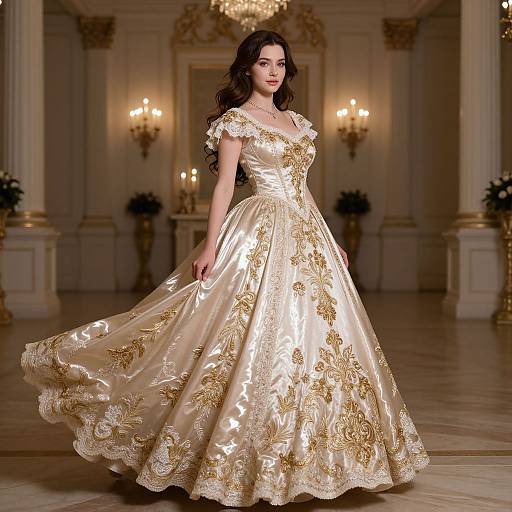 Photograph of a brunette woman with long wavy hair, wearing an elegant, gold-embroidered, off-the-shoulder ball gown,