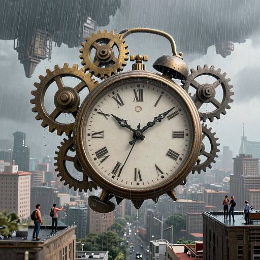 Steampunk-style giant clock with gears hovers above rainy cityscape; tiny people stand on rooftops below, surrounded by futuristic floating structures. Digital