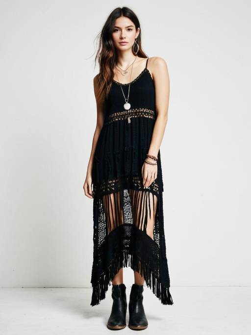 Woman in Black Crochet Knit Maxi Dress