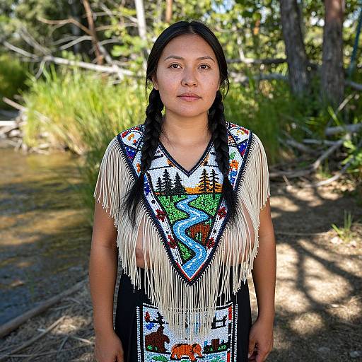 Photograph of a young Indigenous woman with braided hair, wearing a black and white fringed dress with colorful geometric patterns, standing in a sunlit