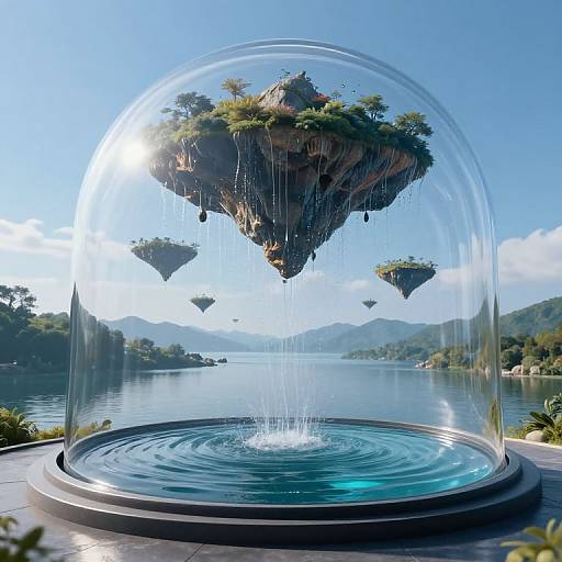 Digital artwork of floating islands with lush greenery, suspended by water droplets, encased in a clear dome over a tranquil lake.