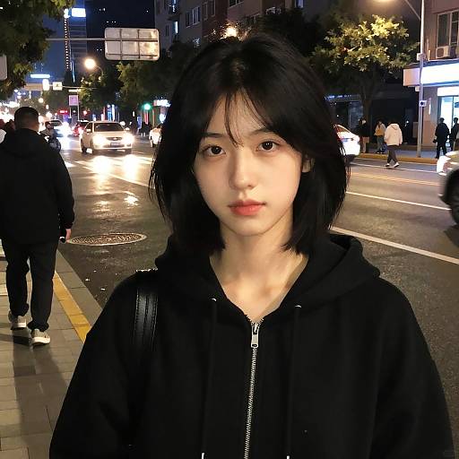 Photograph of an East Asian woman with black shoulder-length hair, wearing a black hoodie, standing on a wet, illuminated city street at night, with