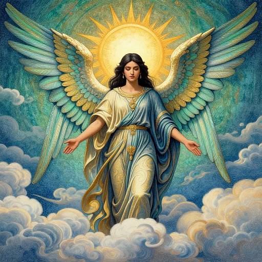 Digital illustration of a radiant, dark-haired angel with blue-green wings, golden halo, and white-blue robe, standing on clouds against a sunlit sky