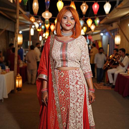 Photograph of a confident, smiling Indian woman with red hair, wearing an ornate red and white embroidered traditional saree, standing in a warmly lit