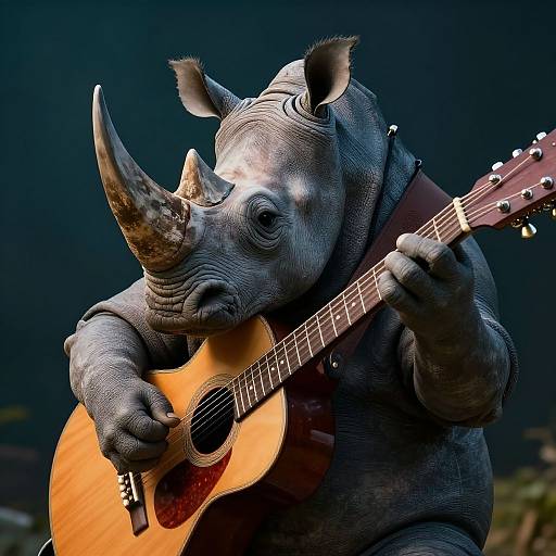 Photograph of a detailed, realistic rhinoceros costume playing an acoustic guitar, with a dark blue background, emphasizing the textured skin and large horn