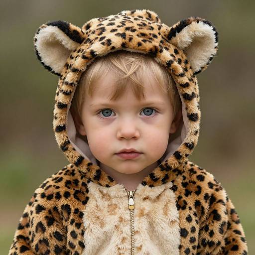 Photograph of a young blonde boy with blue eyes, wearing a realistic leopard hooded costume with spotted fur, standing outdoors against a blurred green and brown