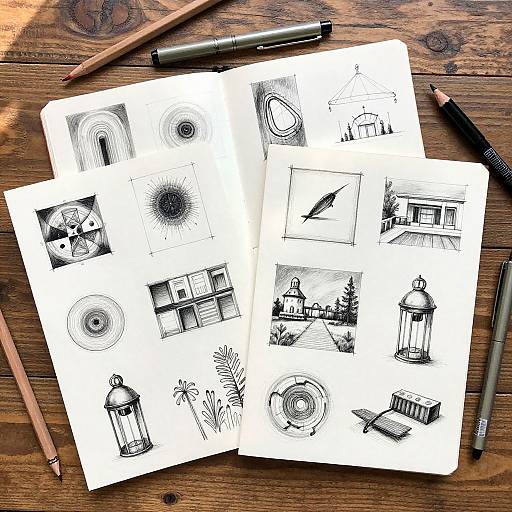 Sketchbook with black ink drawings of various objects and scenes on a wooden table, surrounded by a pen and pencil.