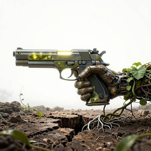 Photograph of a green-tinted, detailed handgun with brass rounds, held by a gloved hand, emerging from cracked, rocky soil with green