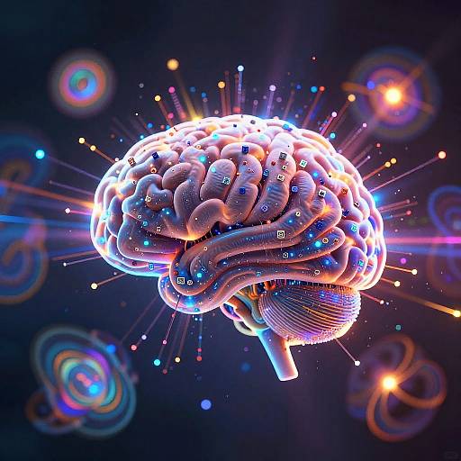 Digital CGI artwork of a glowing, neon-colored human brain with intricate, bioluminescent patterns and radiant light bursts against a dark, cosmic background.