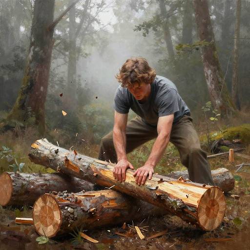 Photograph of a muscular man with curly brown hair, wearing a gray t-shirt and dark pants, chopping logs in a misty forest.