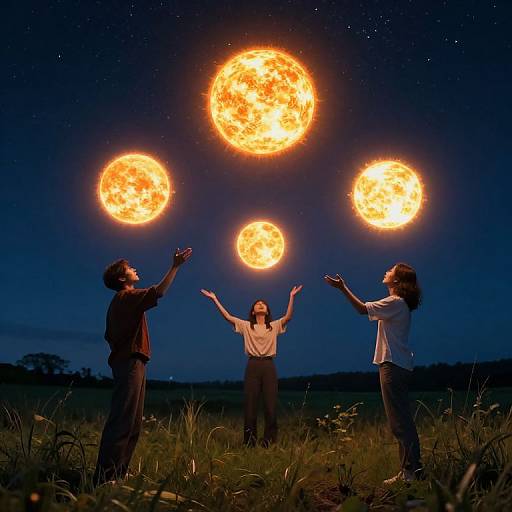 Photograph of three people under a night sky with four glowing, orange suns; they raise arms, standing in a grassy field.
