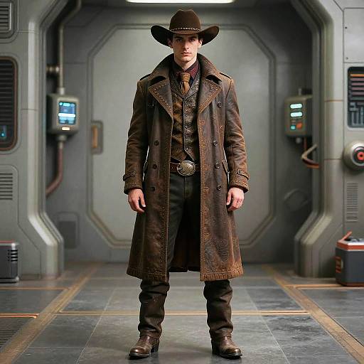 Photograph of a man in a dark brown cowboy hat, long leather coat, brown vest, and black pants, standing in a futuristic metallic room.