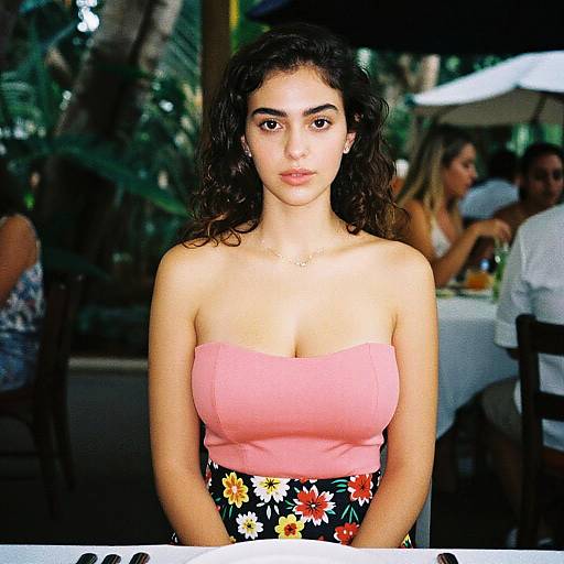 Photograph of a young woman with wavy dark hair, olive skin, and dark eyebrows, wearing a pink strapless top and floral skirt, seated