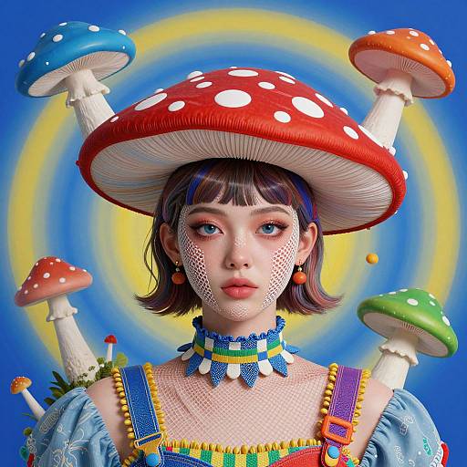 Digital art of a young woman with short brown hair, blue eyes, and white face paint, wearing a red polka-dot mushroom hat and colorful attire