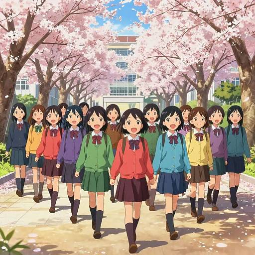 Joyful School Girls in Cherry Blossom