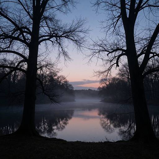 Silhouetted leafless trees frame a tranquil, reflective lake at dawn, with a pastel pink and blue sky in the background. Photographic