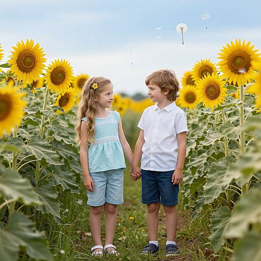 Photograph of a young girl and boy holding hands in a sunflower field, both smiling, wearing summer clothes, under a bright blue sky.