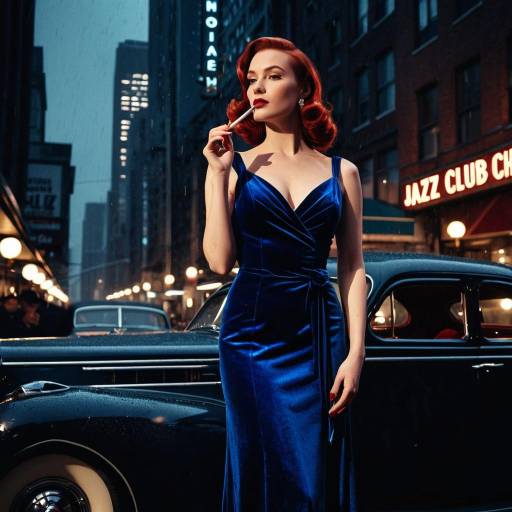 Elegant Woman in Blue Velvet Gown by Classic Car