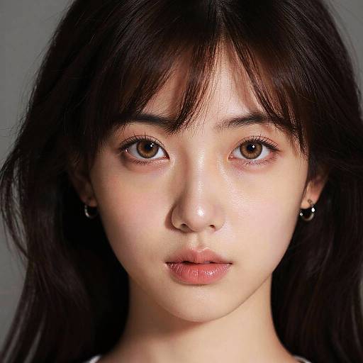 Photograph of a young East Asian woman with fair skin, dark brown eyes, and straight black hair with bangs, wearing small hoop earrings, looking