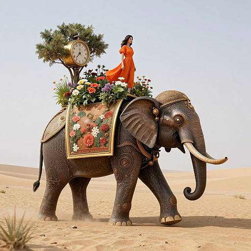 Photograph of an ornate elephant with floral and clock decorations, carrying a woman in an orange dress, walking in a desert.