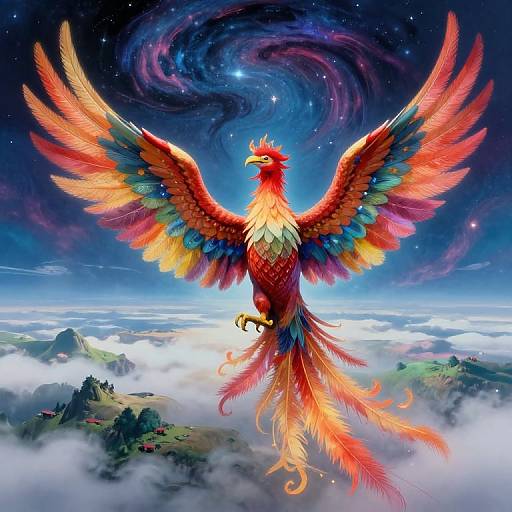 Digital artwork of a vibrant phoenix with rainbow-colored wings soaring above a cloudy mountain landscape, set against a swirling, starry night sky.