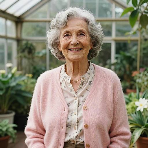 Photograph of a smiling elderly woman with gray curly hair, wearing a pink cardigan over a floral blouse, in a greenhouse filled with plants.