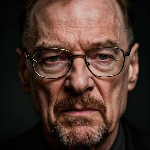 Close-up photograph of middle-aged man with receding hairline, glasses, blue eyes, light skin, and trimmed beard against a black background.