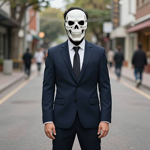 Photograph of a man in a black suit and white skull mask standing on a blurred urban street with pedestrians.