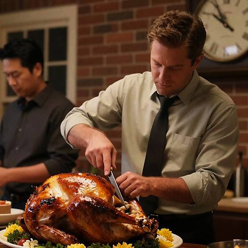 Serious Men Carving Turkey in Warm Room