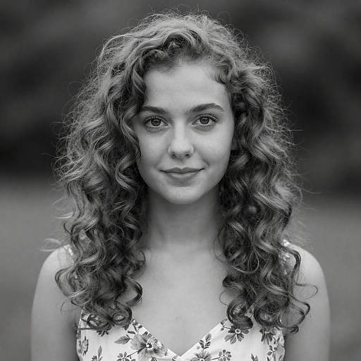 Black-and-White Curly-Haired Young Woman Portrait