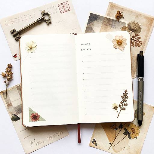 Photograph of an open, white journal with floral accents, surrounded by vintage-style letters, a pen, and scattered photos on a white surface.