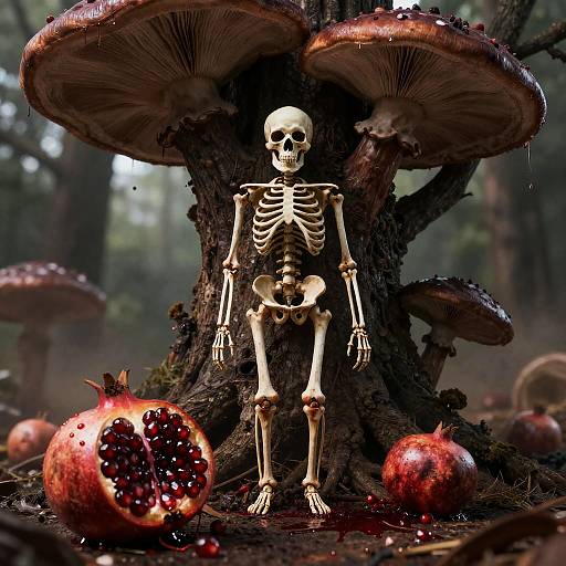 Horror Scene with Skeleton and Giant Mushrooms