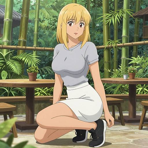 Anime-style drawing of a blonde woman with large breasts, wearing a white skirt, light blue shirt, and black sneakers, kneeling in a bamboo-filled outdoor