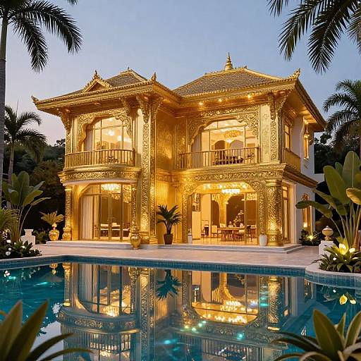 Photograph of a luxurious, golden-hued, two-story mansion with ornate Chinese architecture, illuminated at dusk, reflected in a tranquil pool, surrounded