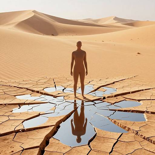 Silhouetted nude figure standing in reflective water puddles, surrounded by cracked desert sand, with sunlit dunes in the background.