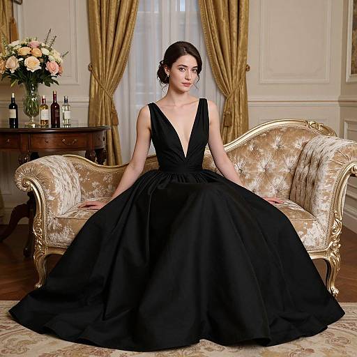 Photograph of a fair-skinned woman with dark hair in a black, deep V-neck ball gown, seated on a gold-patterned sofa in an
