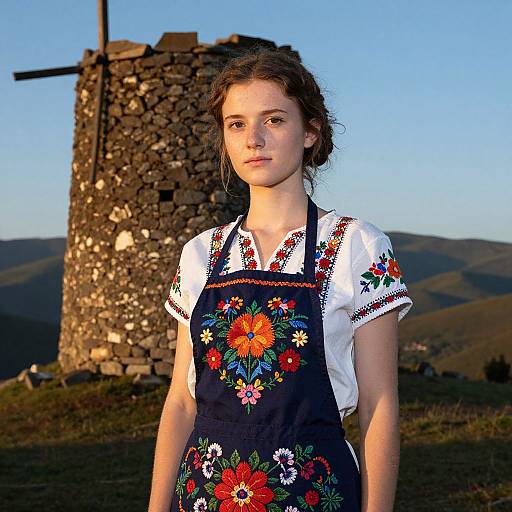 Young woman with fair skin and brown hair in white blouse and floral-patterned black apron stands in front of a stone ruin, hills in background,