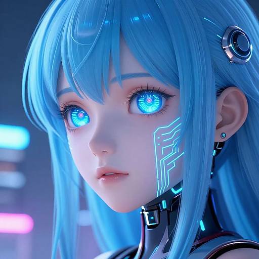 CGI cyber-girl with glowing blue eyes, long blue hair, neon facial markings, and futuristic black choker, set against a neon-lit background