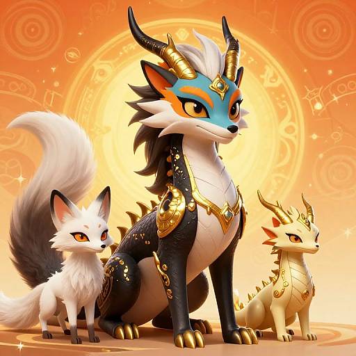 Digital art of three fantasy fox-like creatures: a large black and white dragon fox with gold armor, a small white fox, and a golden-scaled