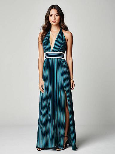 Woman in Striped Halter-Neck Maxi Dress