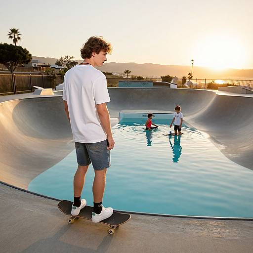 Photograph of a young man with curly hair, white t-shirt, denim shorts, and black sneakers skateboarding near a sunset-lit, outdoor skate