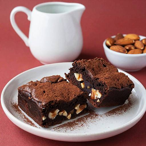 Photograph of two chocolate nut slices on a white plate, with a white bowl of nuts and a white pitcher on a red background.