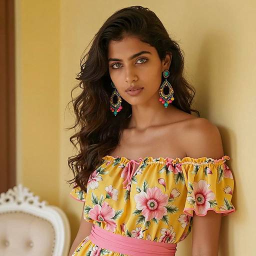 Young Woman in Floral Off-Shoulder Dress