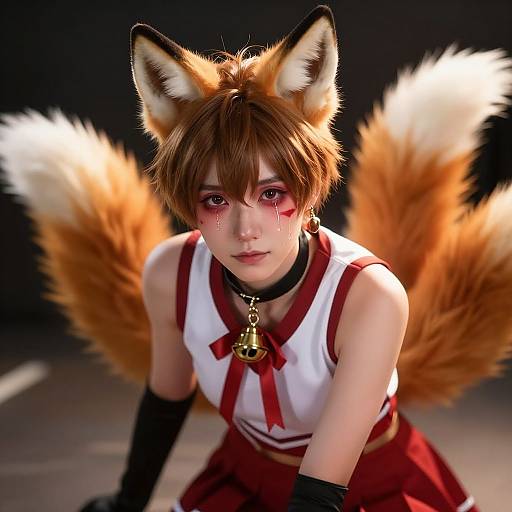 Digital anime-style artwork of a young fox-girl with orange fox ears, red eyes, and multiple fluffy fox tails, wearing a red and white outfit,