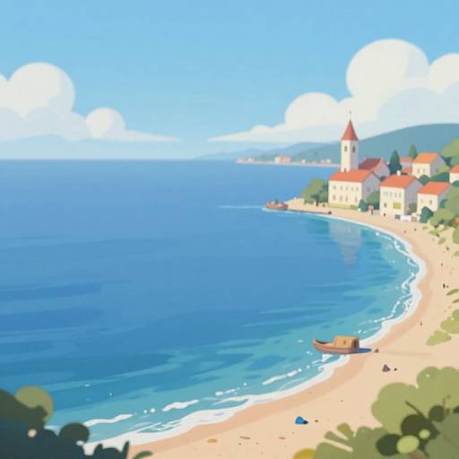 Digital illustration of a bright blue ocean with a sandy beach, small red-roofed buildings, a church with a tower, and a boat on the